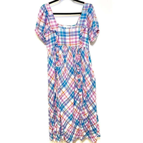 NWOT LoveShackFancy Kimball Plaid Dress - Square Neck Empire Waist Ruffle - Picture 2 of 6